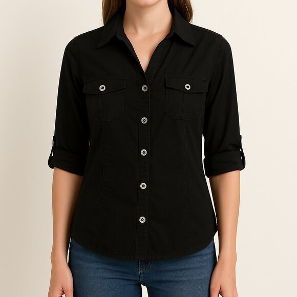 Style & Co. Black Button-Front Cotton Blouse (Size M) - Picture 1 of 11